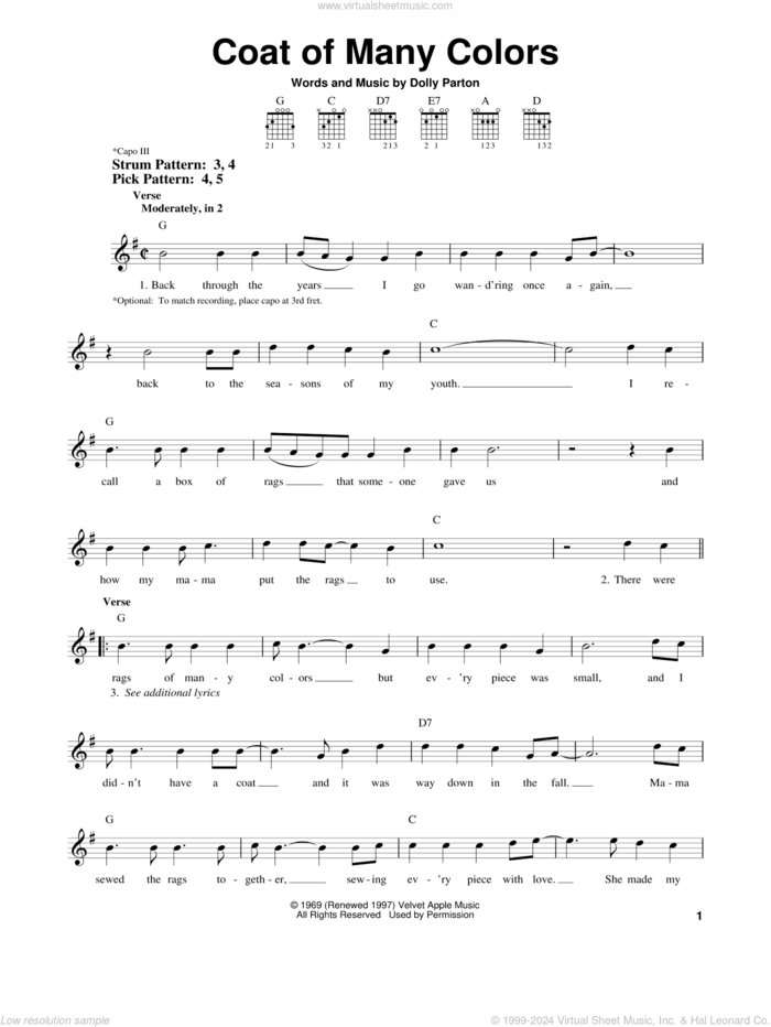 Coat Of Many Colors sheet music for guitar solo (chords) by Dolly Parton, easy guitar (chords)