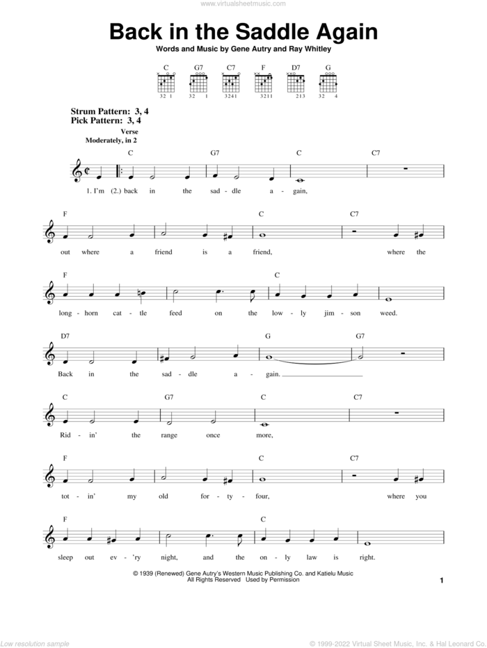 Back In The Saddle Again sheet music for guitar solo (chords) by Gene Autry and Ray Whitley, easy guitar (chords)