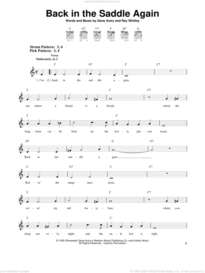 Back In The Saddle Again sheet music for guitar solo (chords) by Gene Autry and Ray Whitley, easy guitar (chords)