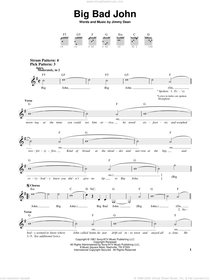 Big Bad John sheet music for guitar solo (chords) by Jimmy Dean, easy guitar (chords)