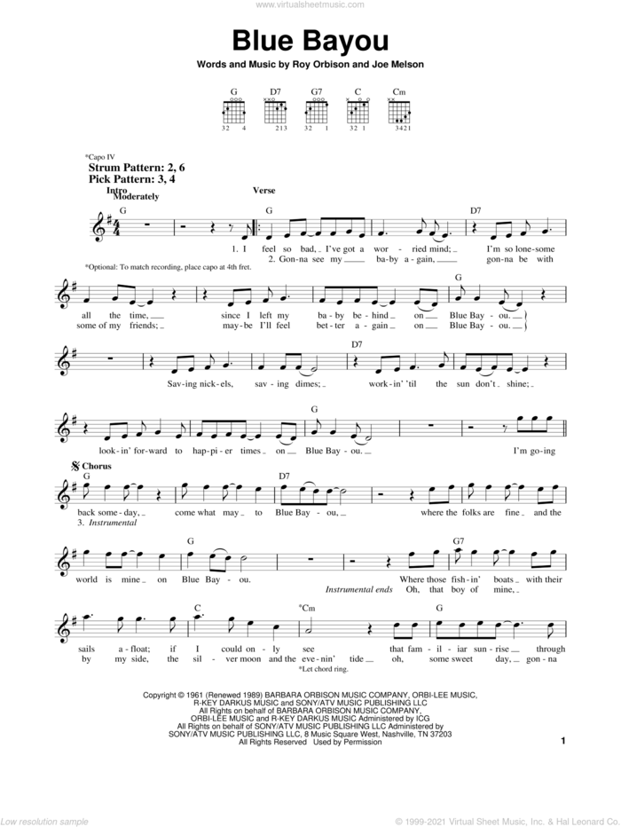 Blue Bayou sheet music for guitar solo (chords) by Linda Ronstadt, Joe Melson and Roy Orbison, easy guitar (chords)