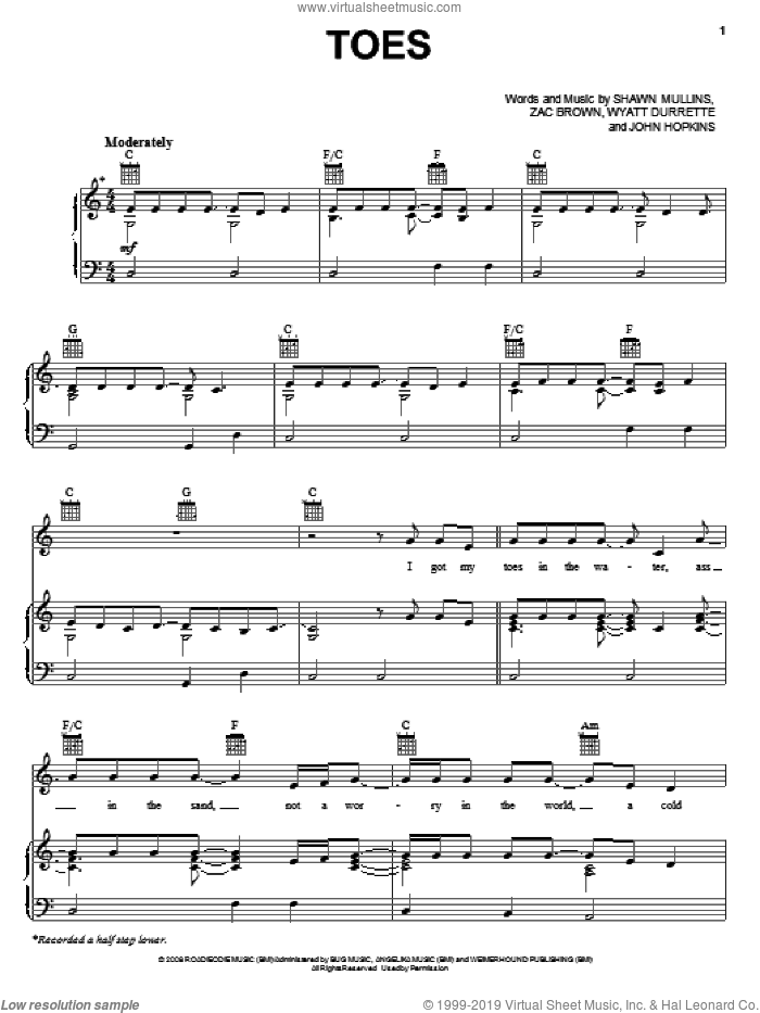 Toes sheet music for voice, piano or guitar by Zac Brown Band, John Hopkins, Shawn Mullins, Wyatt Durrette and Zac Brown, intermediate skill level