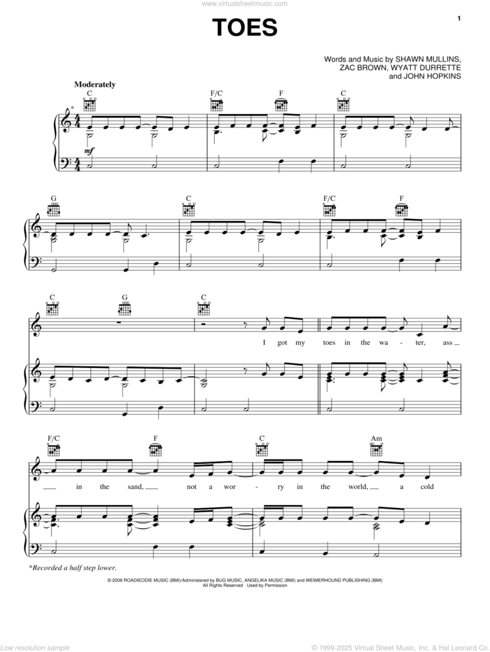 Toes sheet music for voice, piano or guitar by Zac Brown Band, John Hopkins, Shawn Mullins, Wyatt Durrette and Zac Brown, intermediate skill level