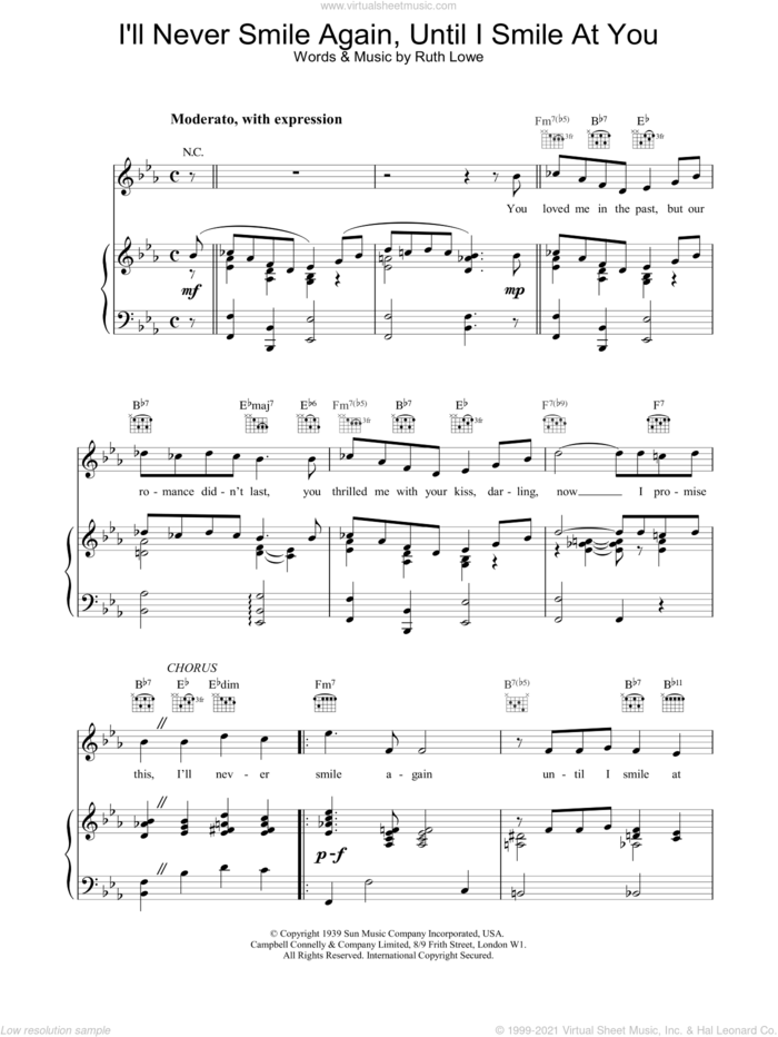 I'll Never Smile Again sheet music for voice, piano or guitar by Frank Sinatra, intermediate skill level