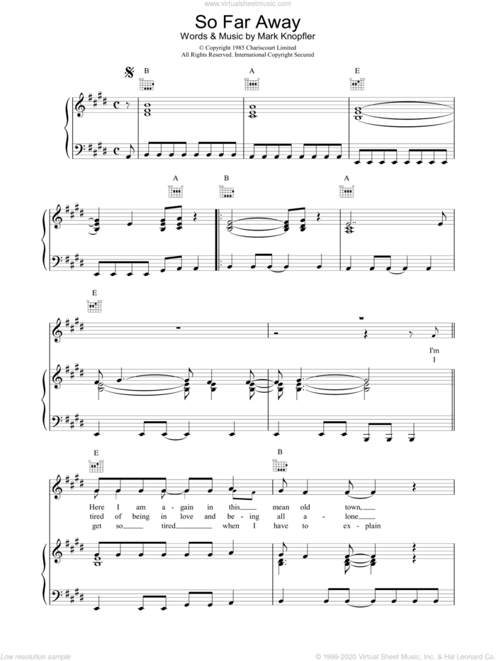 So Far Away sheet music for voice, piano or guitar by Dire Straits, intermediate skill level