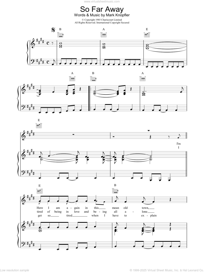 So Far Away sheet music for voice, piano or guitar by Dire Straits, intermediate skill level