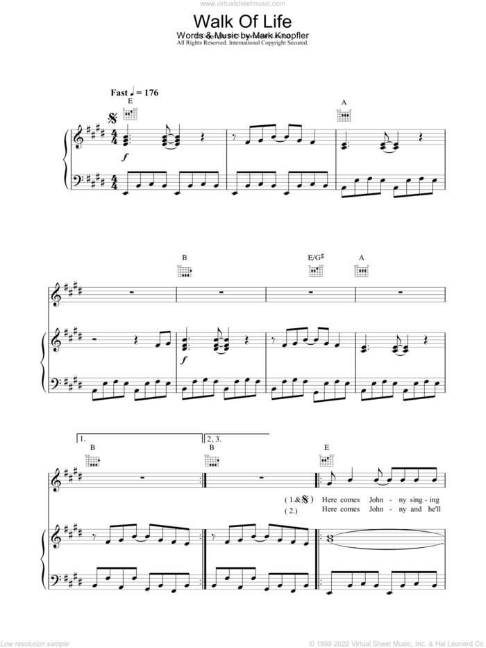 Walk Of Life sheet music for voice, piano or guitar by Dire Straits, intermediate skill level