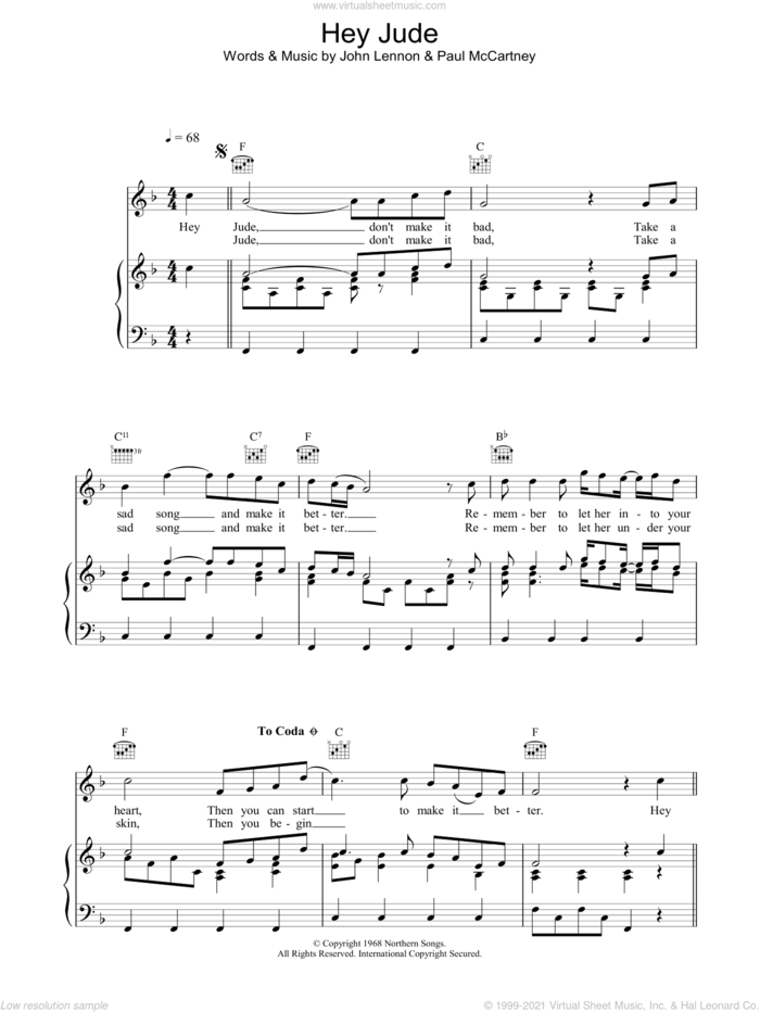 Hey Jude sheet music for voice, piano or guitar by The Beatles, intermediate skill level