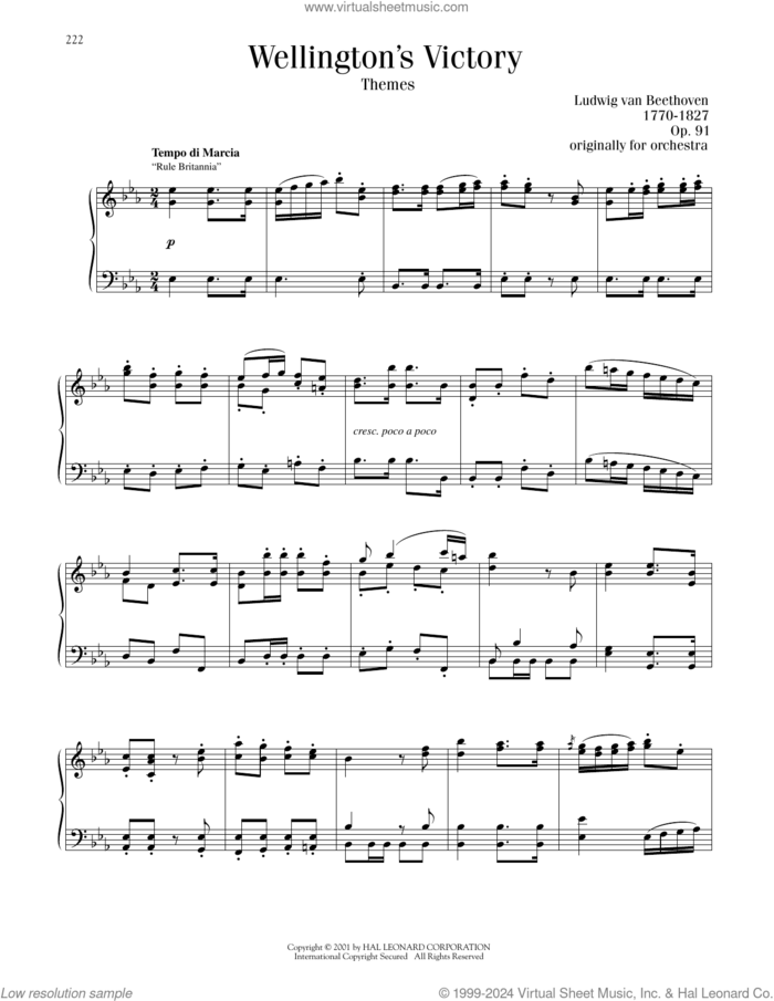 Wellington's Victory sheet music for piano solo by Ludwig van Beethoven, classical score, intermediate skill level