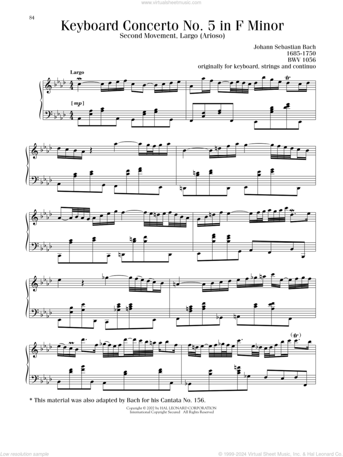 Piano Concerto No.5 In F Minor (BWV 1056-II: Largo) sheet music for piano solo by Johann Sebastian Bach, classical score, intermediate skill level