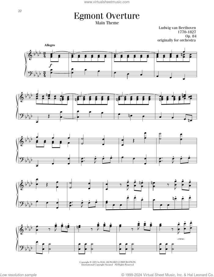 Overture To Egmont, (intermediate) sheet music for piano solo by Ludwig van Beethoven, classical score, intermediate skill level
