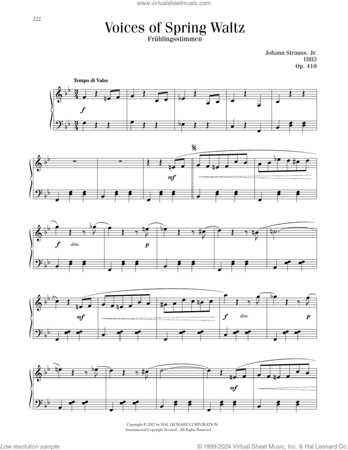 Voices Of Spring Waltz, Op. 410 sheet music for piano solo by Johann Strauss, classical score, intermediate skill level