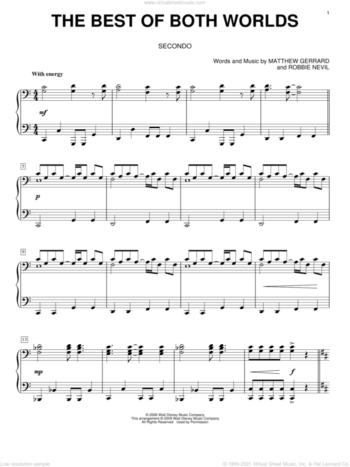 The Best Of Both Worlds sheet music for piano four hands by Hannah Montana, Hannah Montana (Movie), Miley Cyrus, Matthew Gerrard and Robbie Nevil, intermediate skill level