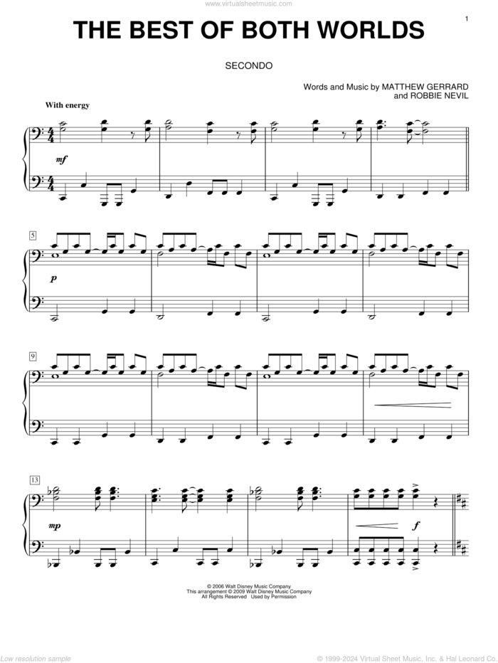 The Best Of Both Worlds sheet music for piano four hands by Hannah Montana, Hannah Montana (Movie), Miley Cyrus, Matthew Gerrard and Robbie Nevil, intermediate skill level