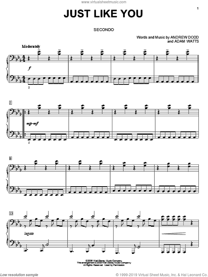 Just Like You sheet music for piano four hands by Hannah Montana, Miley Cyrus, Adam Watts and Andrew Dodd, intermediate skill level