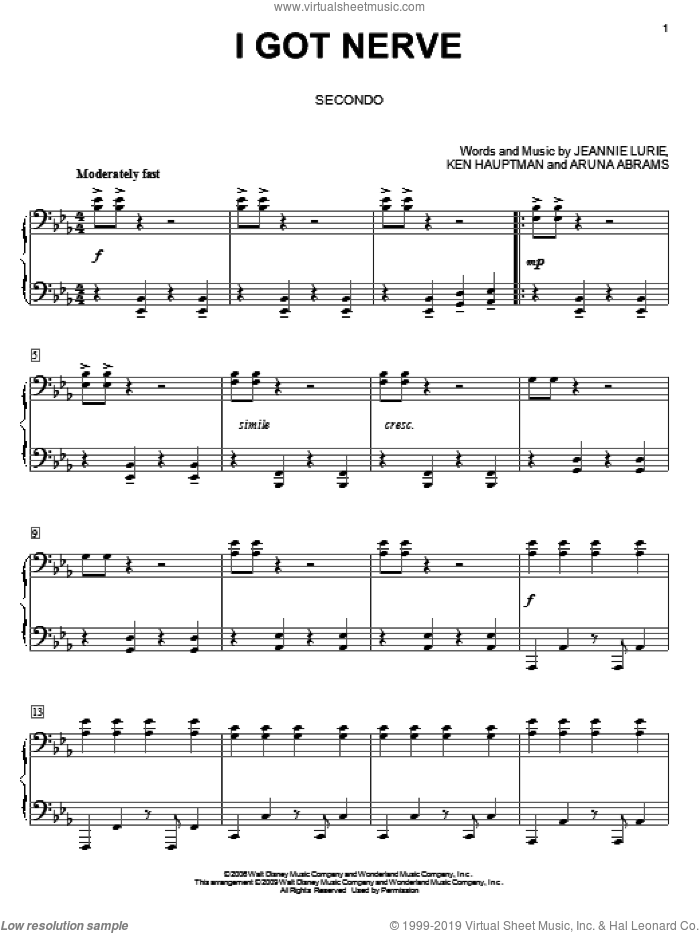 I Got Nerve sheet music for piano four hands by Hannah Montana, Miley Cyrus, Aruna Abrams, Jeannie Lurie and Ken Hauptman, intermediate skill level