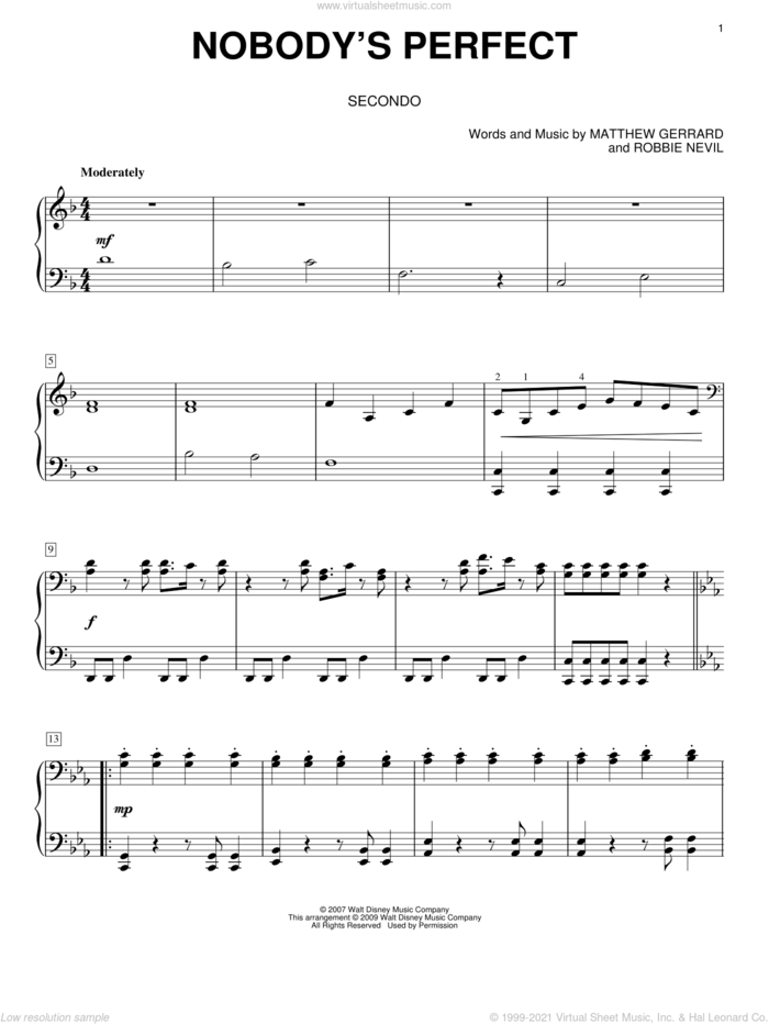Nobody's Perfect sheet music for piano four hands by Hannah Montana, Miley Cyrus, Matthew Gerrard and Robbie Nevil, intermediate skill level