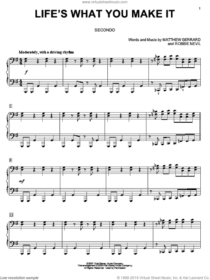 Life's What You Make It sheet music for piano four hands by Hannah Montana, Miley Cyrus, Matthew Gerrard and Robbie Nevil, intermediate skill level