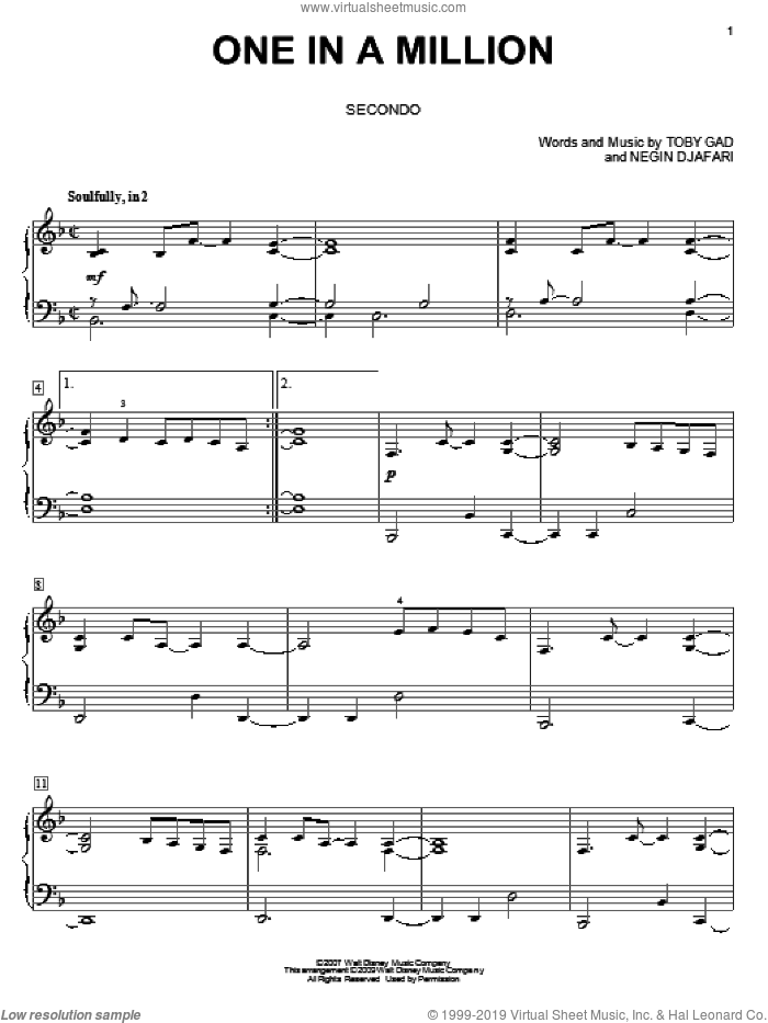 One In A Million sheet music for piano four hands by Hannah Montana, Miley Cyrus, Negin Djafari and Toby Gad, intermediate skill level