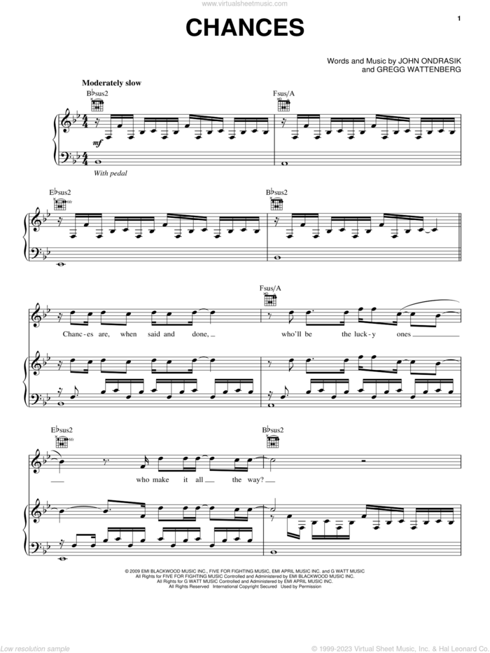 Chances sheet music for voice, piano or guitar by Five For Fighting, Gregg Wattenberg and John Ondrasik, intermediate skill level