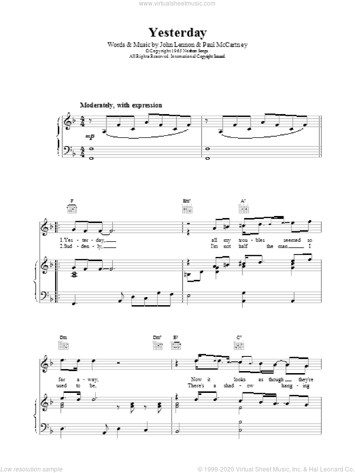 Yesterday sheet music for voice, piano or guitar by The Beatles, John Lennon and Paul McCartney, intermediate skill level