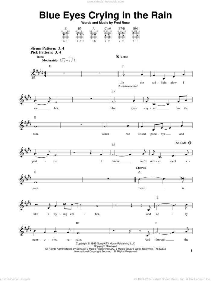 Blue Eyes Crying In The Rain sheet music for guitar solo (chords) by Willie Nelson, Elvis Presley and Fred Rose, easy guitar (chords)