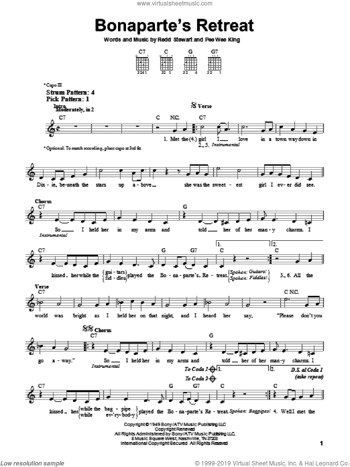 Bonaparte's Retreat sheet music for guitar solo (chords) by Glen Campbell, Pee Wee King and Redd Stewart, easy guitar (chords)