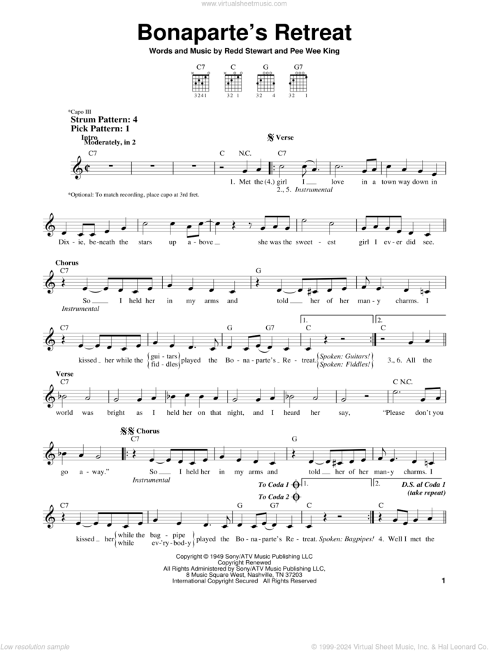 Bonaparte's Retreat sheet music for guitar solo (chords) by Glen Campbell, Pee Wee King and Redd Stewart, easy guitar (chords)