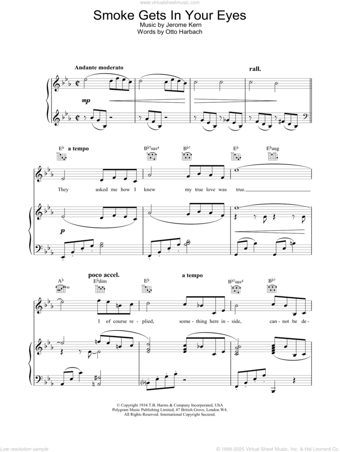 Smoke Gets In Your Eyes (from Roberta) sheet music for voice, piano or guitar by Frank Sinatra, The Platters, Jerome Kern and Otto Harbach, intermediate skill level