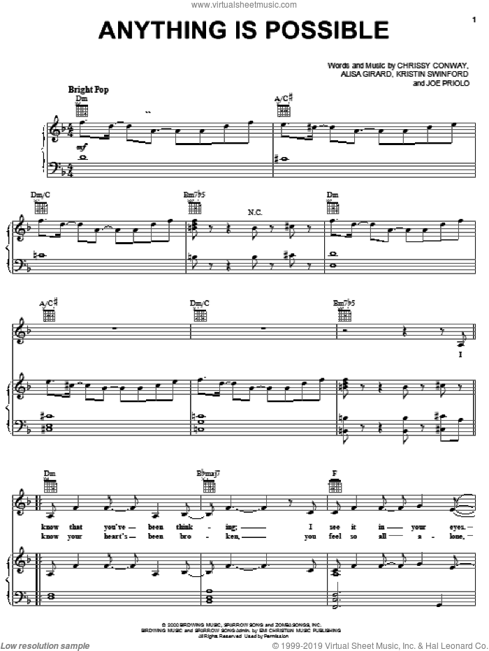 Anything Is Possible sheet music for voice, piano or guitar by Alisa Girard, ZOEgirl, Chrissy Conway, Joe Priolo and Kristin Swinford, intermediate skill level