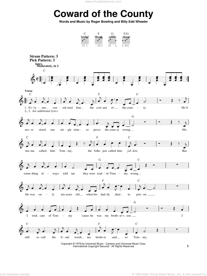 Coward Of The County sheet music for guitar solo (chords) by Kenny Rogers, Billy Edd Wheeler and Roger Bowling, easy guitar (chords)
