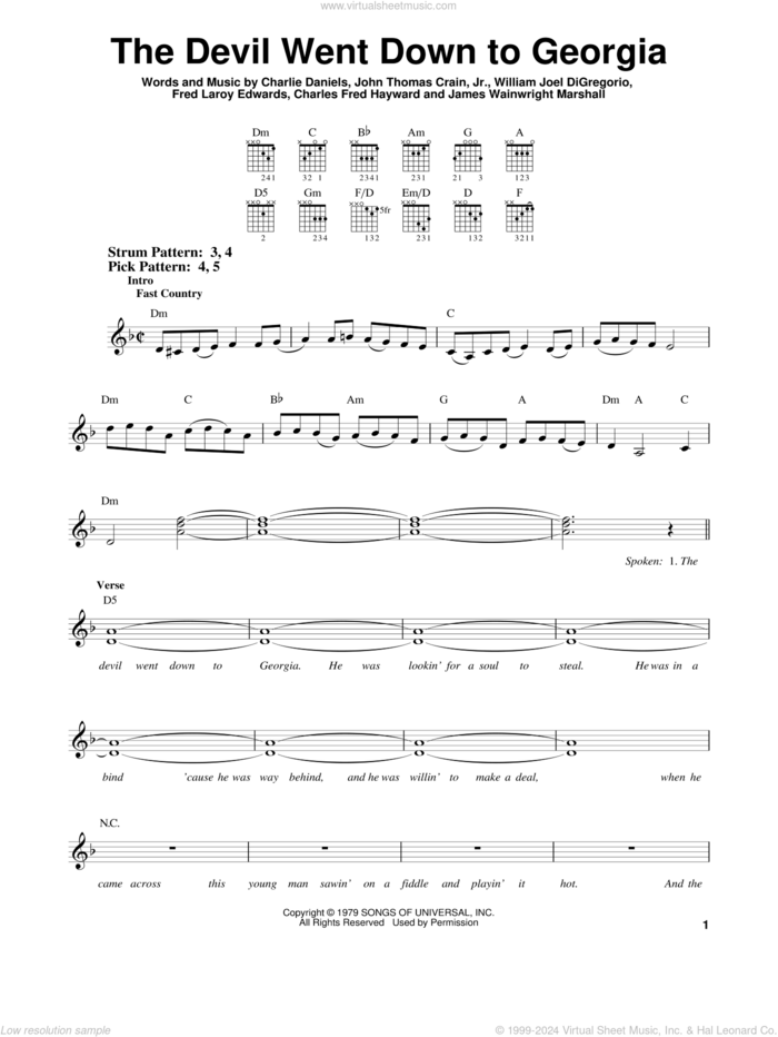 The Devil Went Down To Georgia sheet music for guitar solo (chords) by Charlie Daniels Band, Charles Fred Hayward, Charlie Daniels, Fred Laroy Edwards, James Wainwright Marshall, John Thomas Crain, Jr. and William Joel DiGregorio, easy guitar (chords)