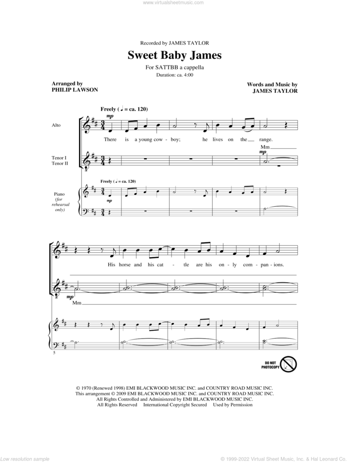 Sweet Baby James sheet music for choir (SATB: soprano, alto, tenor, bass) by James Taylor and Philip Lawson, intermediate skill level