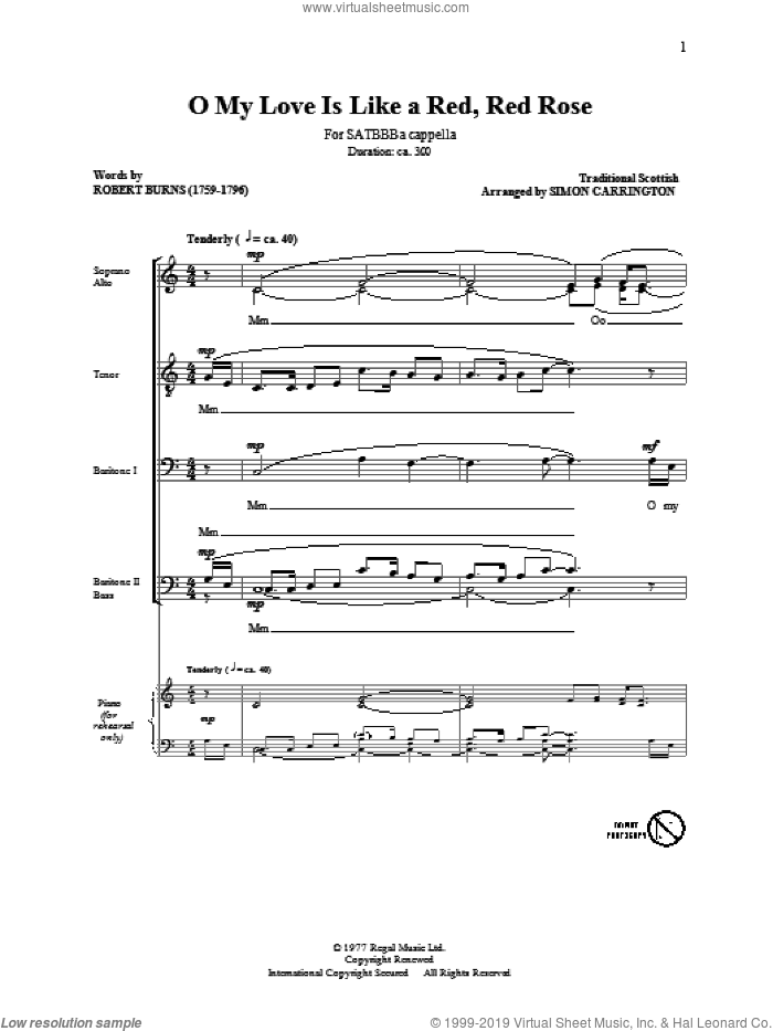 O My Love Is Like A Red, Red Rose sheet music for choir (SATB: soprano, alto, tenor, bass) by Robert Burns, Miscellaneous and Simon Carrington, intermediate skill level