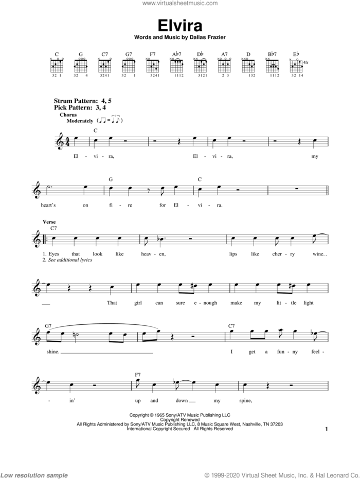 Elvira sheet music for guitar solo (chords) by Oak Ridge Boys and Dallas Frazier, easy guitar (chords)