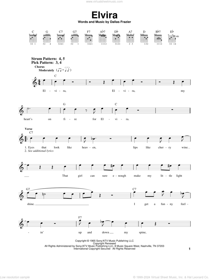 Elvira sheet music for guitar solo (chords) by Oak Ridge Boys and Dallas Frazier, easy guitar (chords)