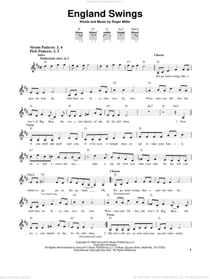 England Swings sheet music for guitar solo (chords) by Roger Miller, easy guitar (chords)