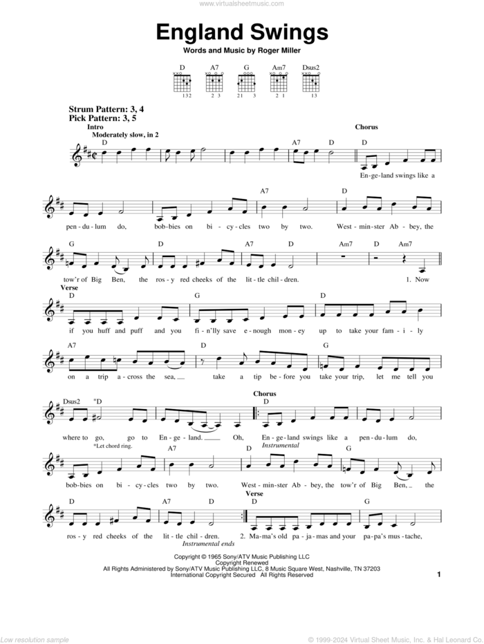 England Swings sheet music for guitar solo (chords) by Roger Miller, easy guitar (chords)