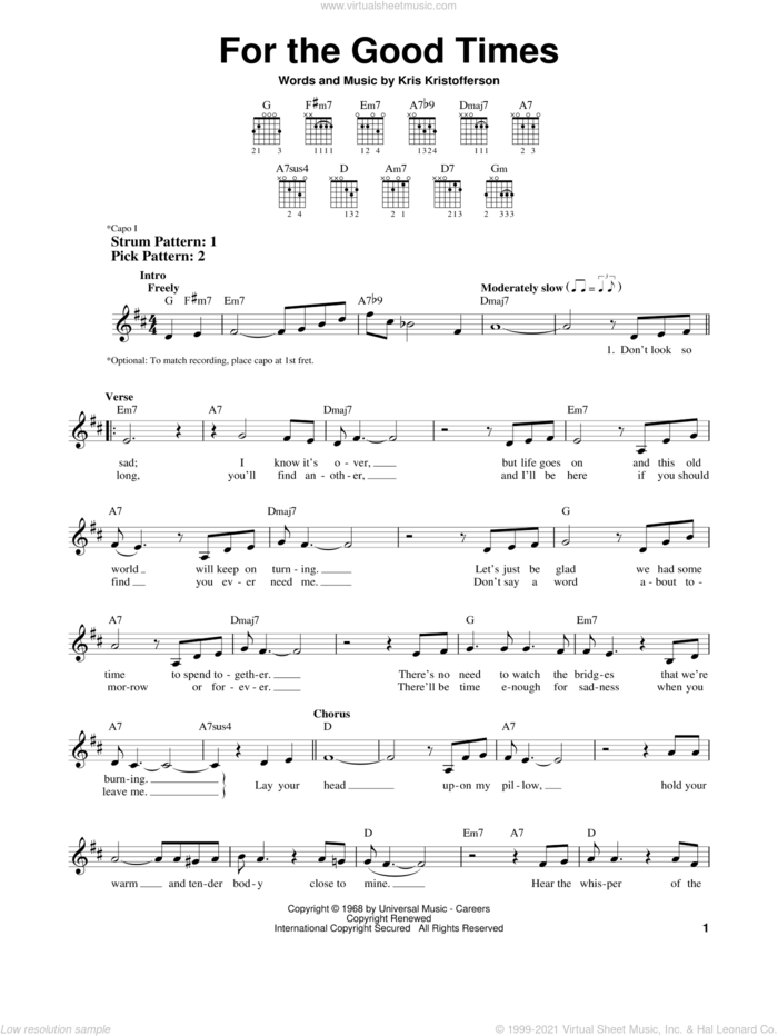 For The Good Times sheet music for guitar solo (chords) by Ray Price, Elvis Presley and Kris Kristofferson, easy guitar (chords)