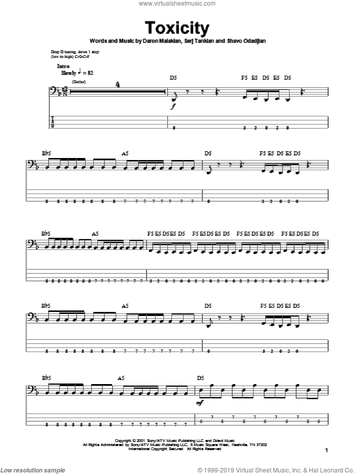 Toxicity sheet music for bass (tablature) (bass guitar) by System Of A Down, Daron Malakian, Serj Tankian and Shavo Odadjian, intermediate skill level