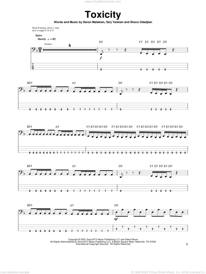 Toxicity sheet music for bass (tablature) (bass guitar) by System Of A Down, Daron Malakian, Serj Tankian and Shavo Odadjian, intermediate skill level