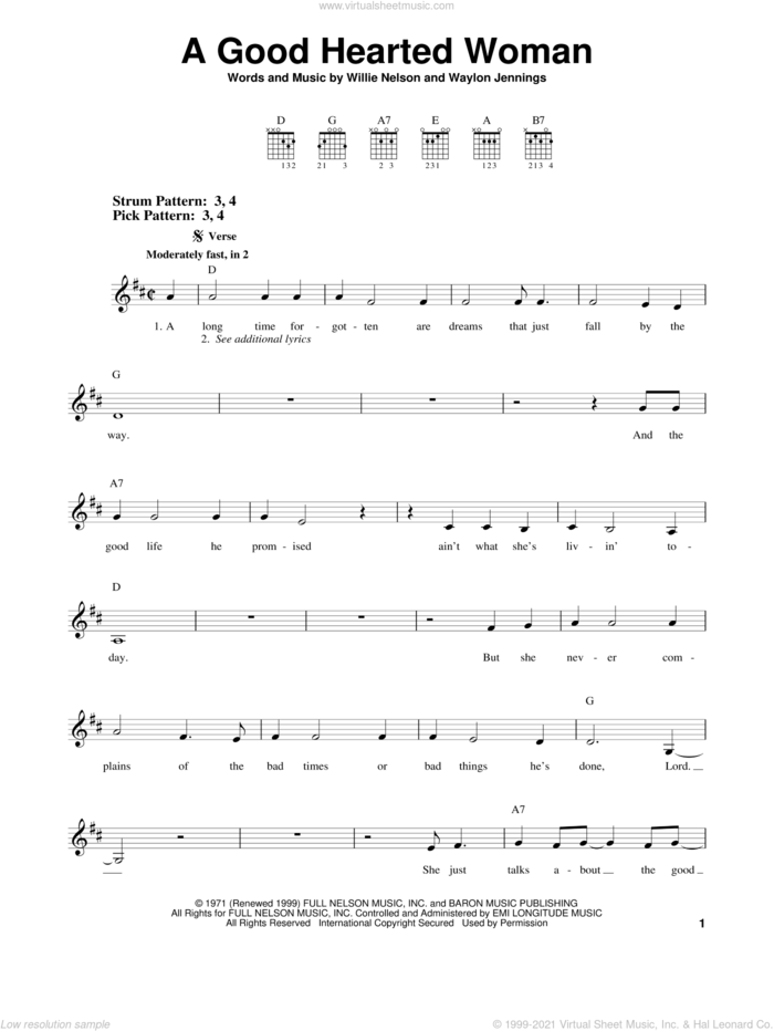 A Good Hearted Woman sheet music for guitar solo (chords) by Willie Nelson and Waylon Jennings, easy guitar (chords)