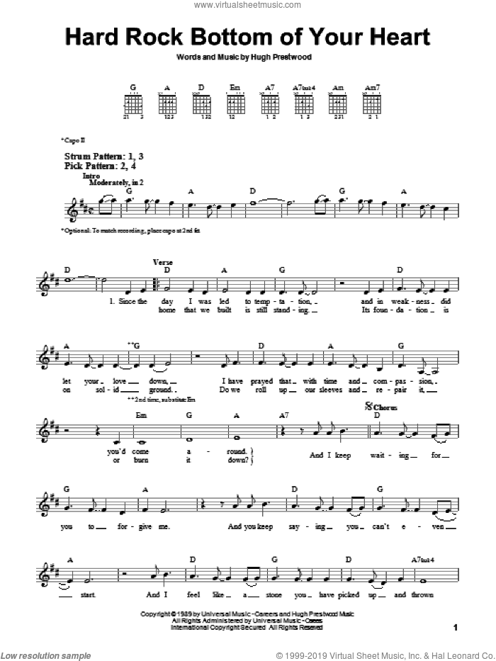 Hard Rock Bottom Of Your Heart sheet music for guitar solo (chords) by Randy Travis and Hugh Prestwood, easy guitar (chords)