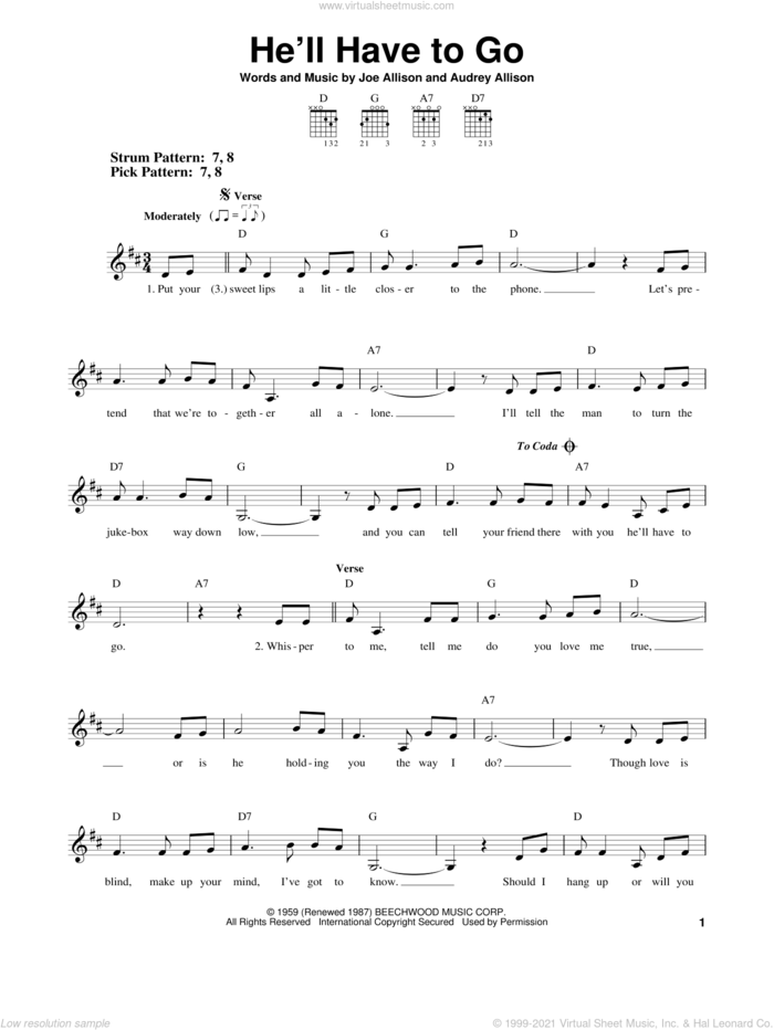 He'll Have To Go sheet music for guitar solo (chords) by Jim Reeves, Audrey Allison and Joe Allison, easy guitar (chords)