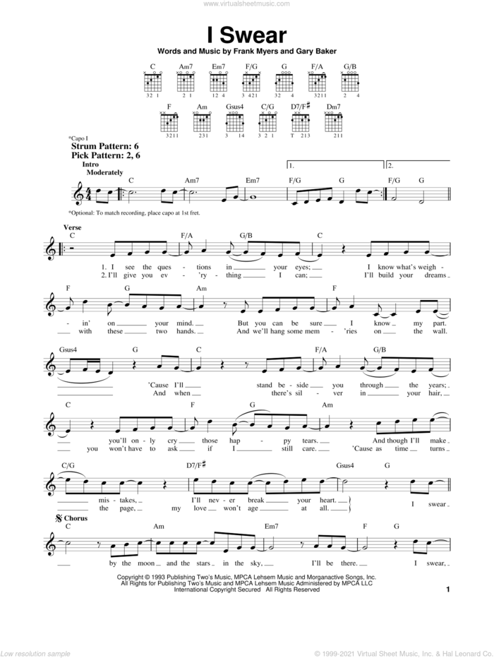 I Swear sheet music for guitar solo (chords) by John Michael Montgomery, All-4-One, David Foster, Frank Myers and Gary Baker, wedding score, easy guitar (chords)