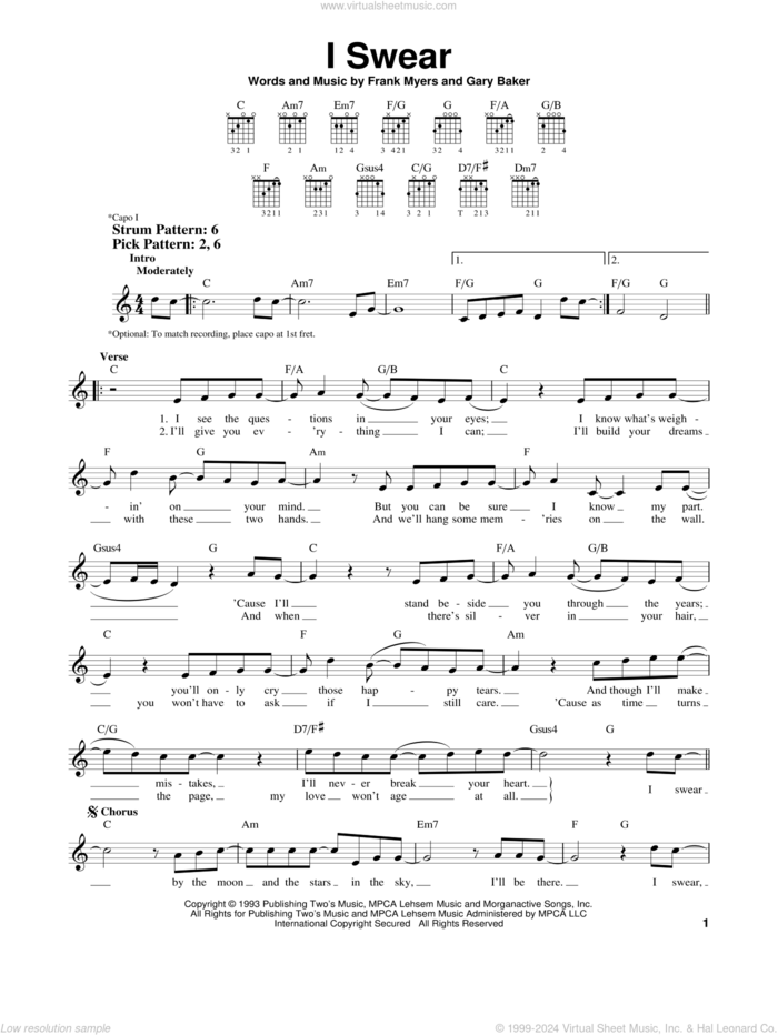 I Swear sheet music for guitar solo (chords) by John Michael Montgomery, All-4-One, David Foster, Frank Myers and Gary Baker, wedding score, easy guitar (chords)