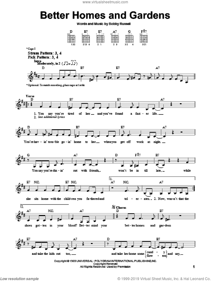 Better Homes And Gardens sheet music for guitar solo (chords) by Billy Walker and Bobby Russell, easy guitar (chords)