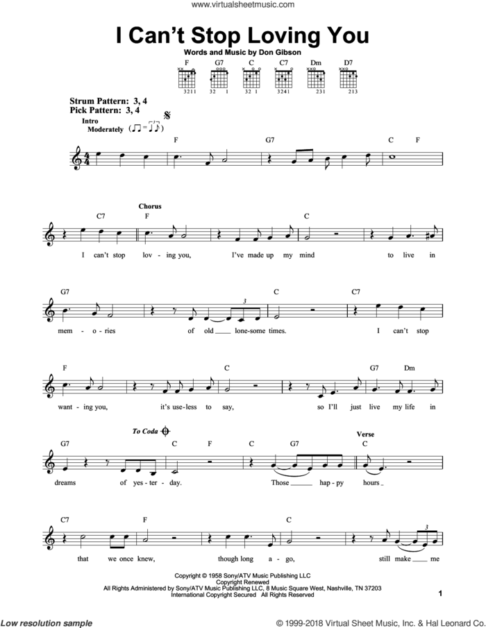 I Can't Stop Loving You sheet music for guitar solo (chords) by Don Gibson, Elvis Presley and Ray Charles, easy guitar (chords)