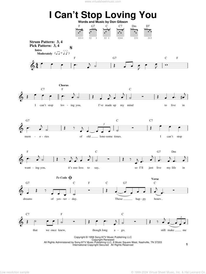 I Can't Stop Loving You sheet music for guitar solo (chords) by Don Gibson, Elvis Presley and Ray Charles, easy guitar (chords)