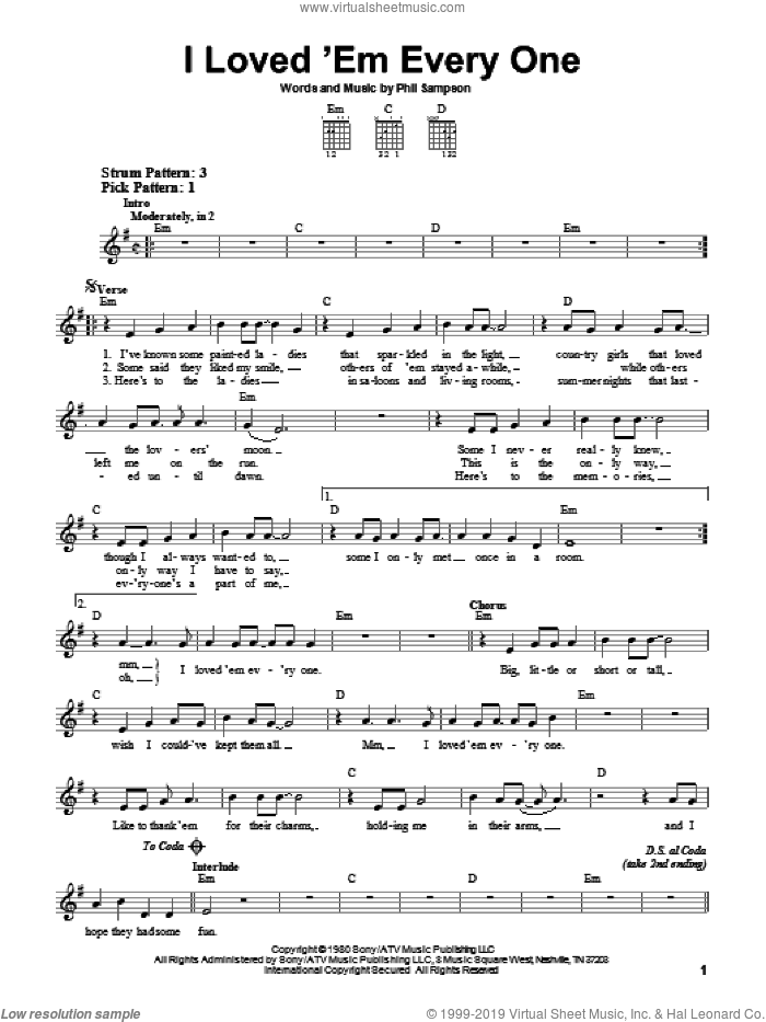 I Loved 'Em Every One sheet music for guitar solo (chords) by T.G. Sheppard and Phil Sampson, easy guitar (chords)